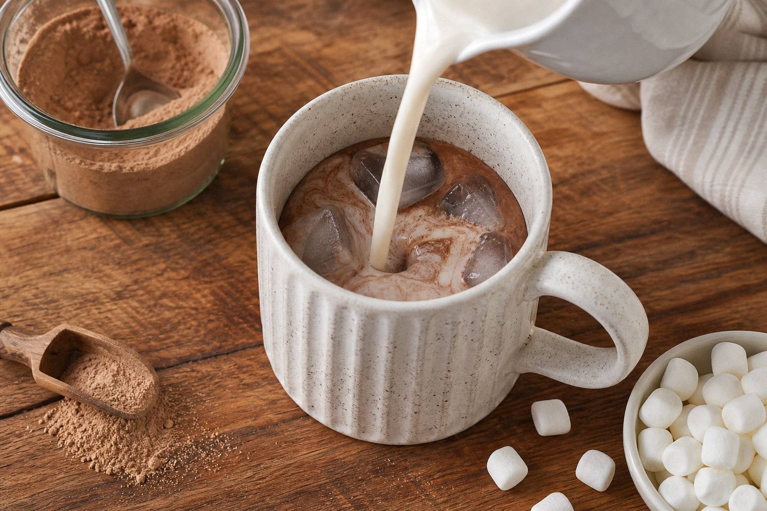 hot liquid being poured into mug with cocoa powder, creating swirls as it mixes