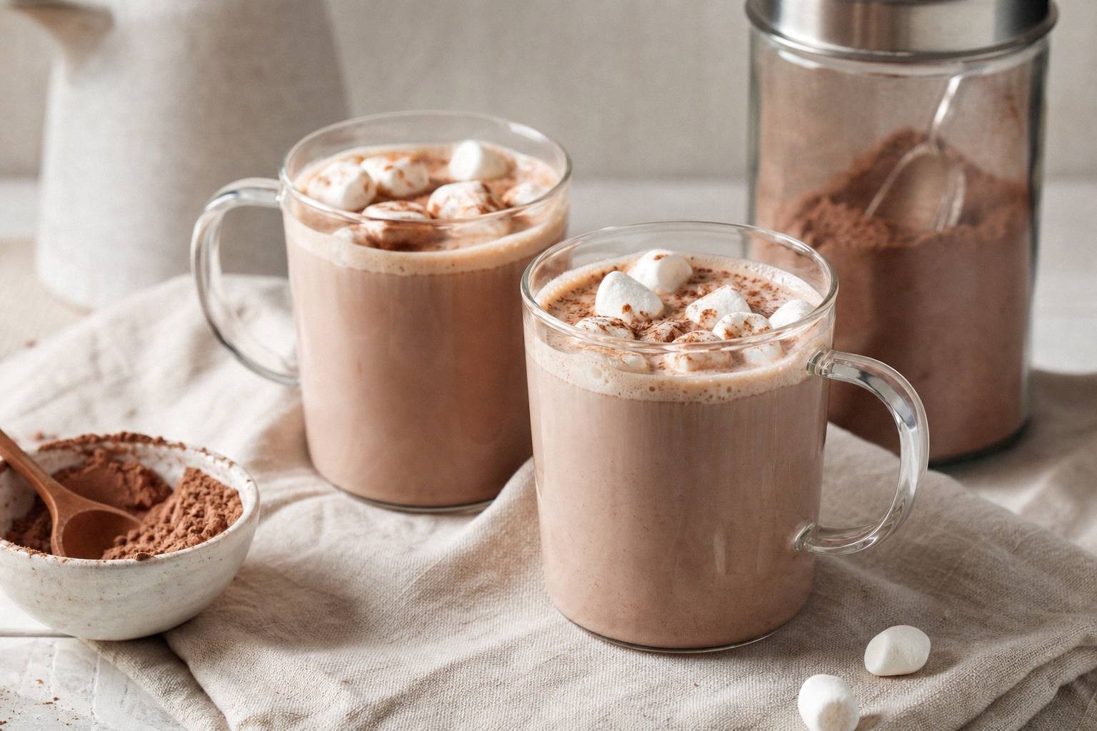 two mugs of finished hot cocoa with mini marshmallows on table