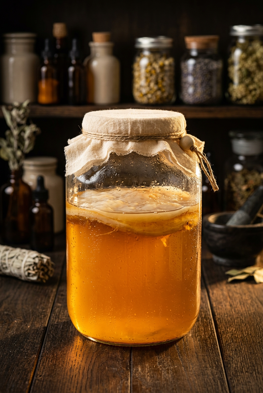 Glass gallon jar of first fermentation kombucha with golden amber liquid and a cream-colored SCOBY disc resting on top on dark wooden surface