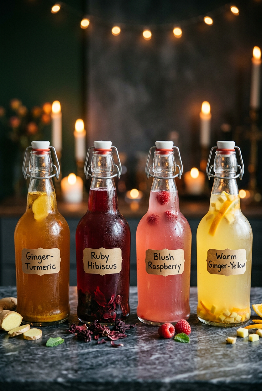 Row of swing-top bottles filled with second fermentation kombucha in jewel tones — amber, ruby hibiscus, blush raspberry — on dark marble