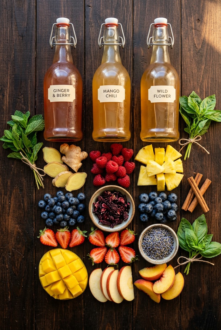 Glass bottles filled with colorful kombucha second fermentation flavors including ginger turmeric, raspberry hibiscus, and pineapple mint on wooden table with fresh fruits and herbs