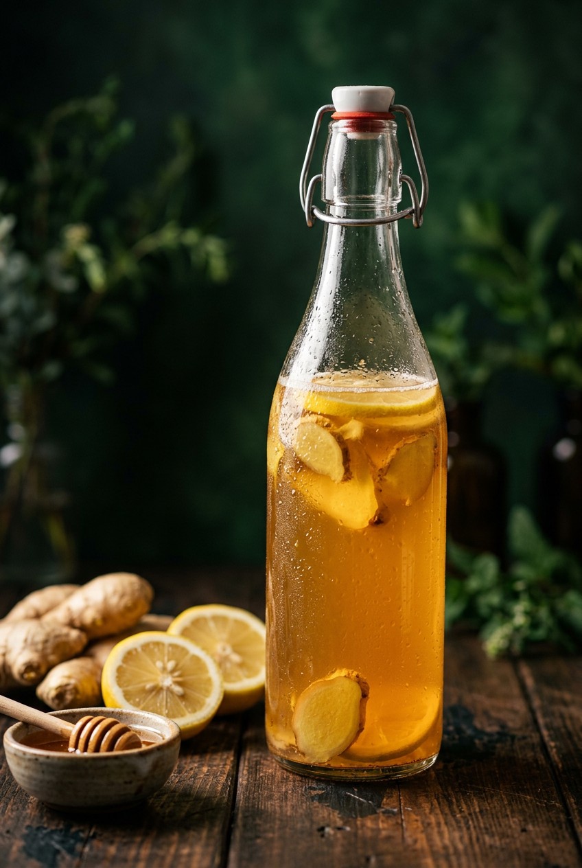 Hands pouring plain kombucha over fresh ginger slices and lemon in swing-top glass bottle for second fermentation flavoring process