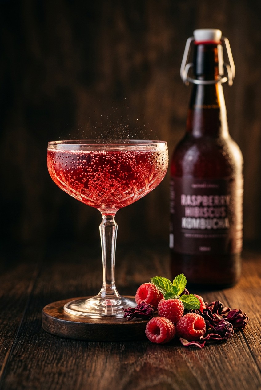 Colorful array of finished kombucha bottles with fruit and herb flavors chilling in refrigerator ready to drink