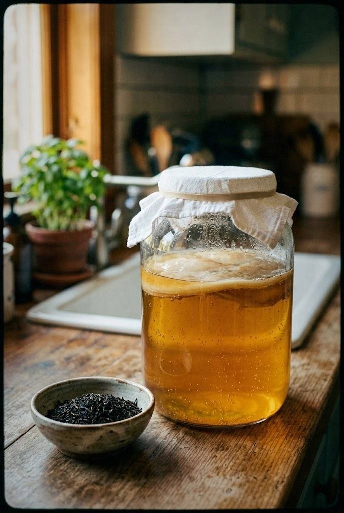 A gallon glass jar of kombucha first fermentation with a pale SCOBY floating on top, covered with cloth and a rubber band, sitting on a wooden countertop