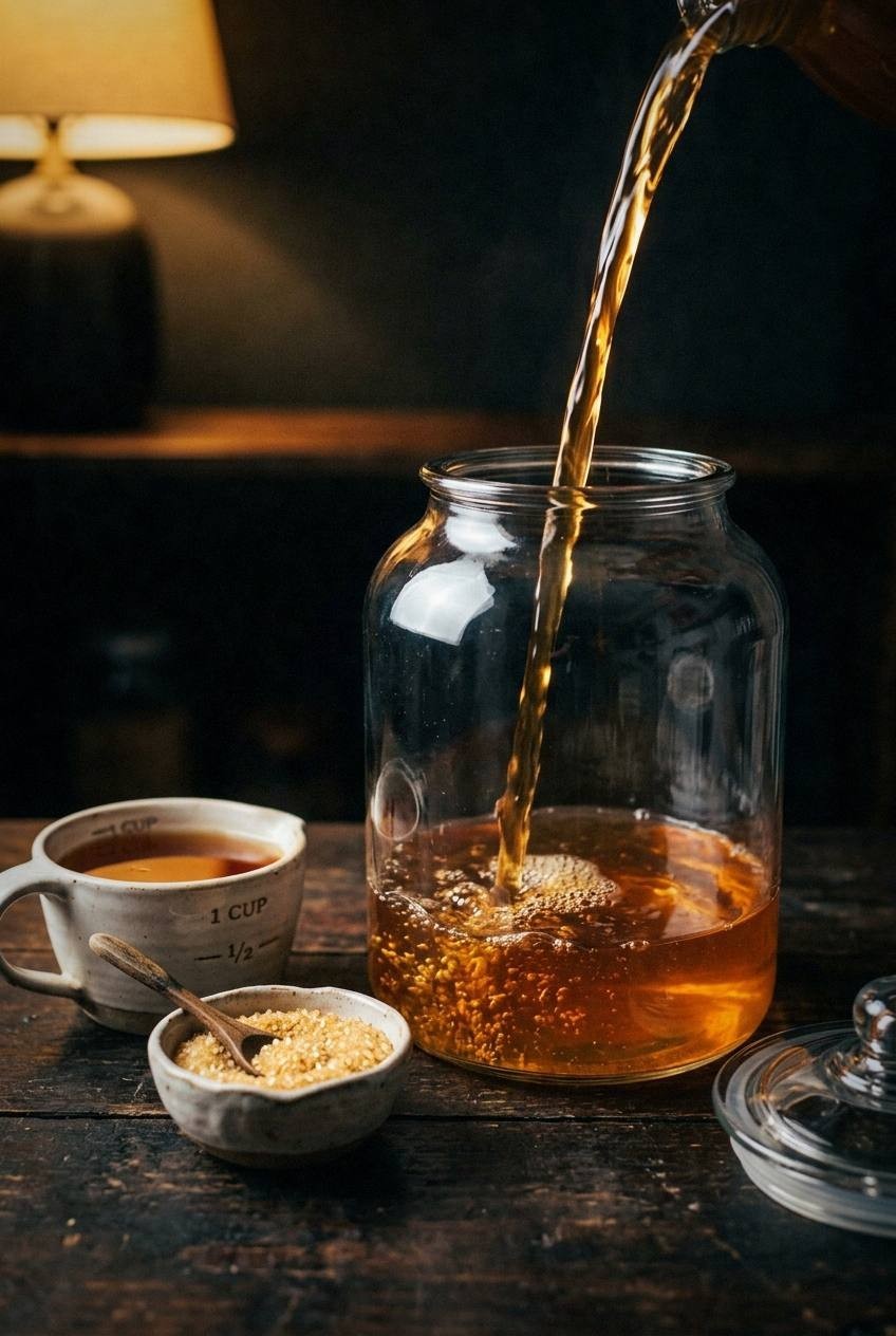 Four glass flip-top bottles of second fermentation kombucha in different flavors including ginger, blueberry, lemon, and cherry arranged on a marble surface