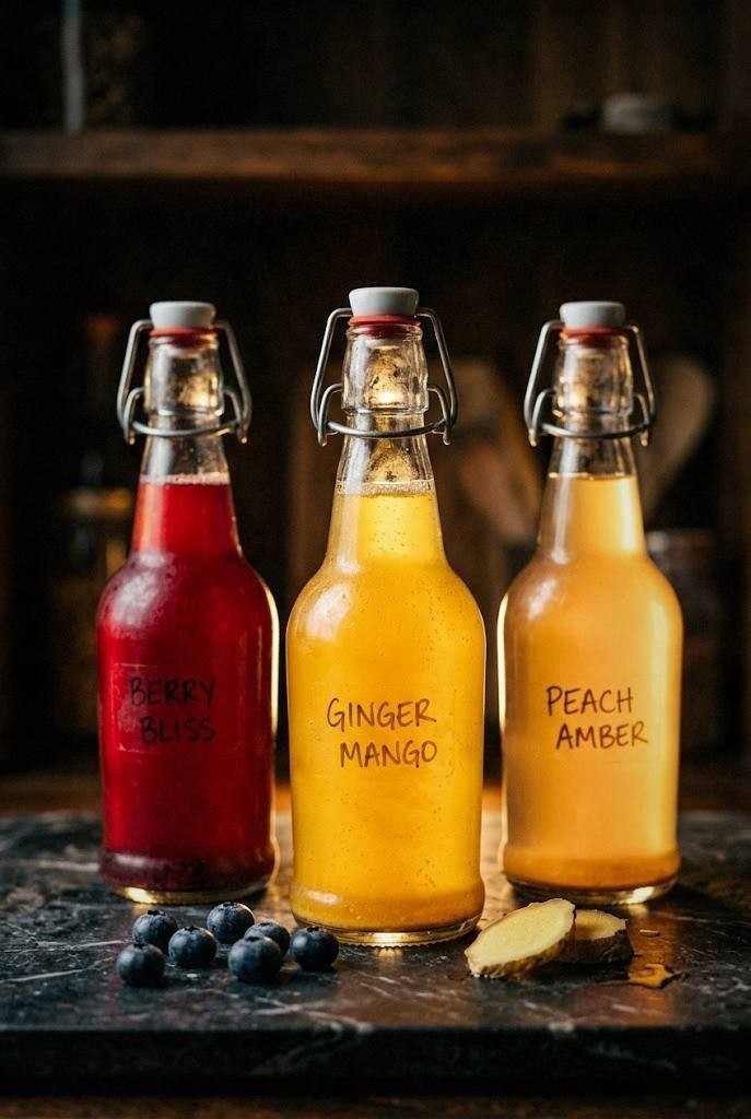 A tall chilled glass of golden ginger kombucha with ice cubes and a small slice of fresh ginger on the rim, served on a wooden tray with a jar of finished kombucha in the background