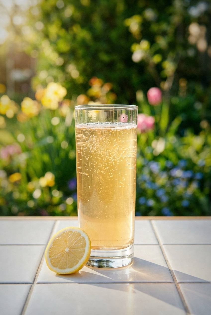 Glass jar of sweet black tea cooling on kitchen counter with bottle of store-bought kombucha starter tea and measuring cup, bright spring morning light through window