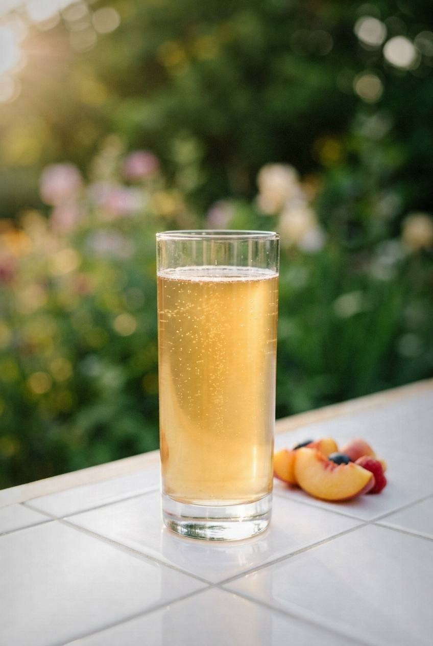Glass jar showing thin white SCOBY forming on surface of fermenting kombucha tea after 5 days, kitchen counter with natural light and condensation on jar