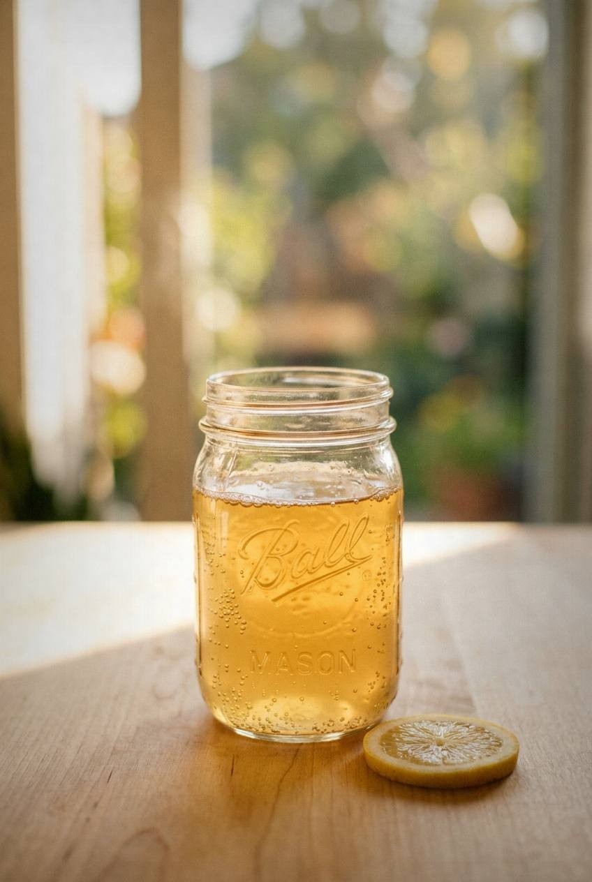 Three glass bottles of finished kombucha with fresh lemon slices and ginger root for second fermentation, spring garden table with bright natural light and fresh mint garnish