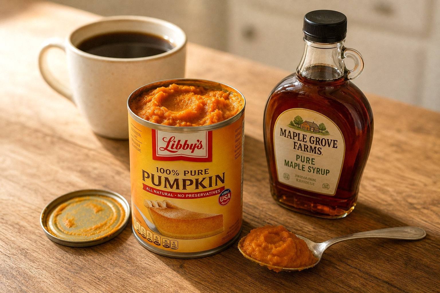 Open can of pumpkin puree beside a mug of coffee and a bottle of maple syrup
