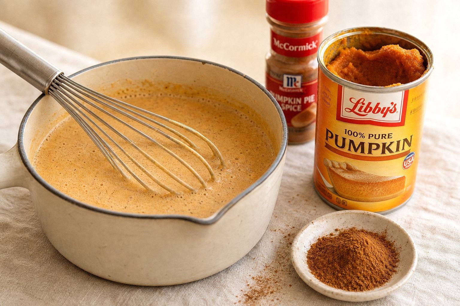 Pumpkin puree, milk and spice being whisked together in a small saucepan