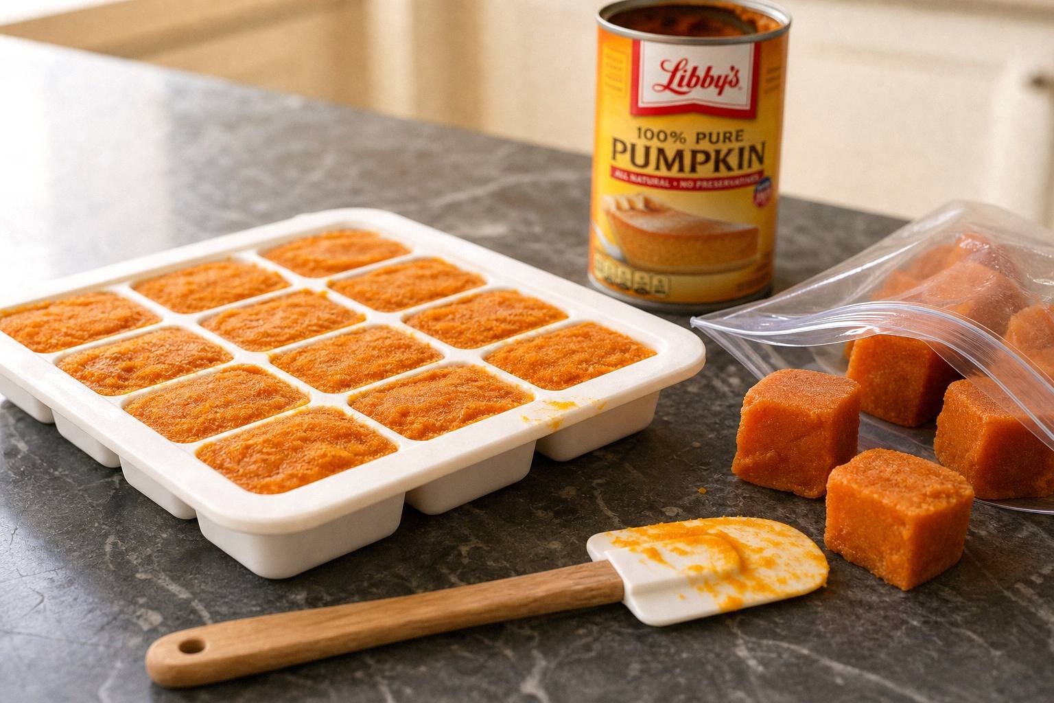 Pumpkin puree frozen into ice cube trays on a kitchen counter