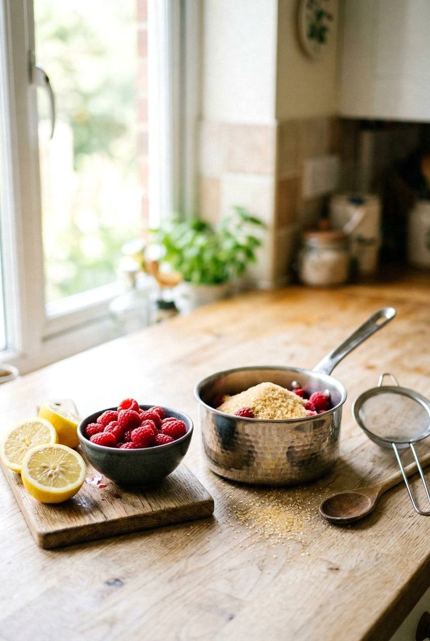 Fresh raspberries, lemon, and sugar beside a small saucepan for homemade raspberry soda syrup