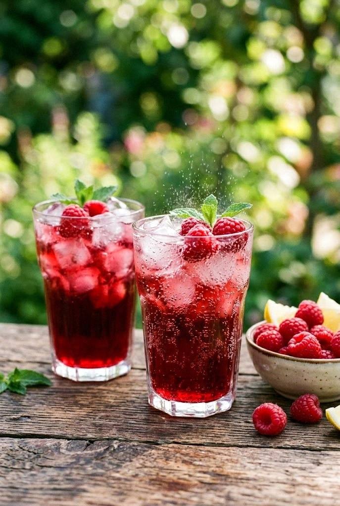 Ruby homemade raspberry soda in clear glasses with ice on a sunny outdoor table