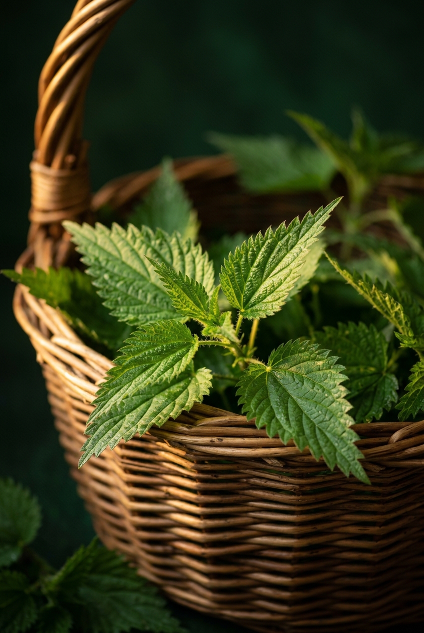 Fresh spring stinging nettle leaves in glass bowl next to filtered water and lemon for hormonal imbalance drink recipe