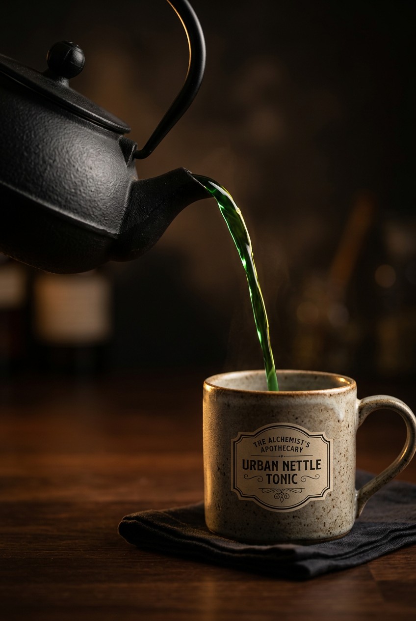 Steeping fresh nettle leaves in hot water for spring wellness tonic, deep green herbal infusion in glass teapot