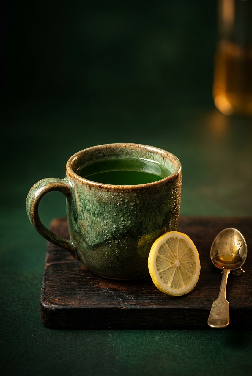 Finished spring nettle tonic for hormonal balance in clear glass with lemon slice and fresh nettle sprig garnish