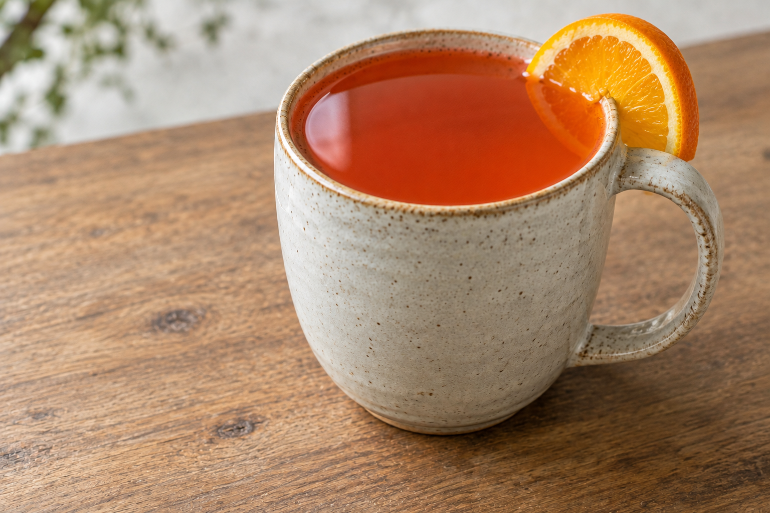 Warm Aperol cocktail in a ceramic cup with an orange slice at the rim