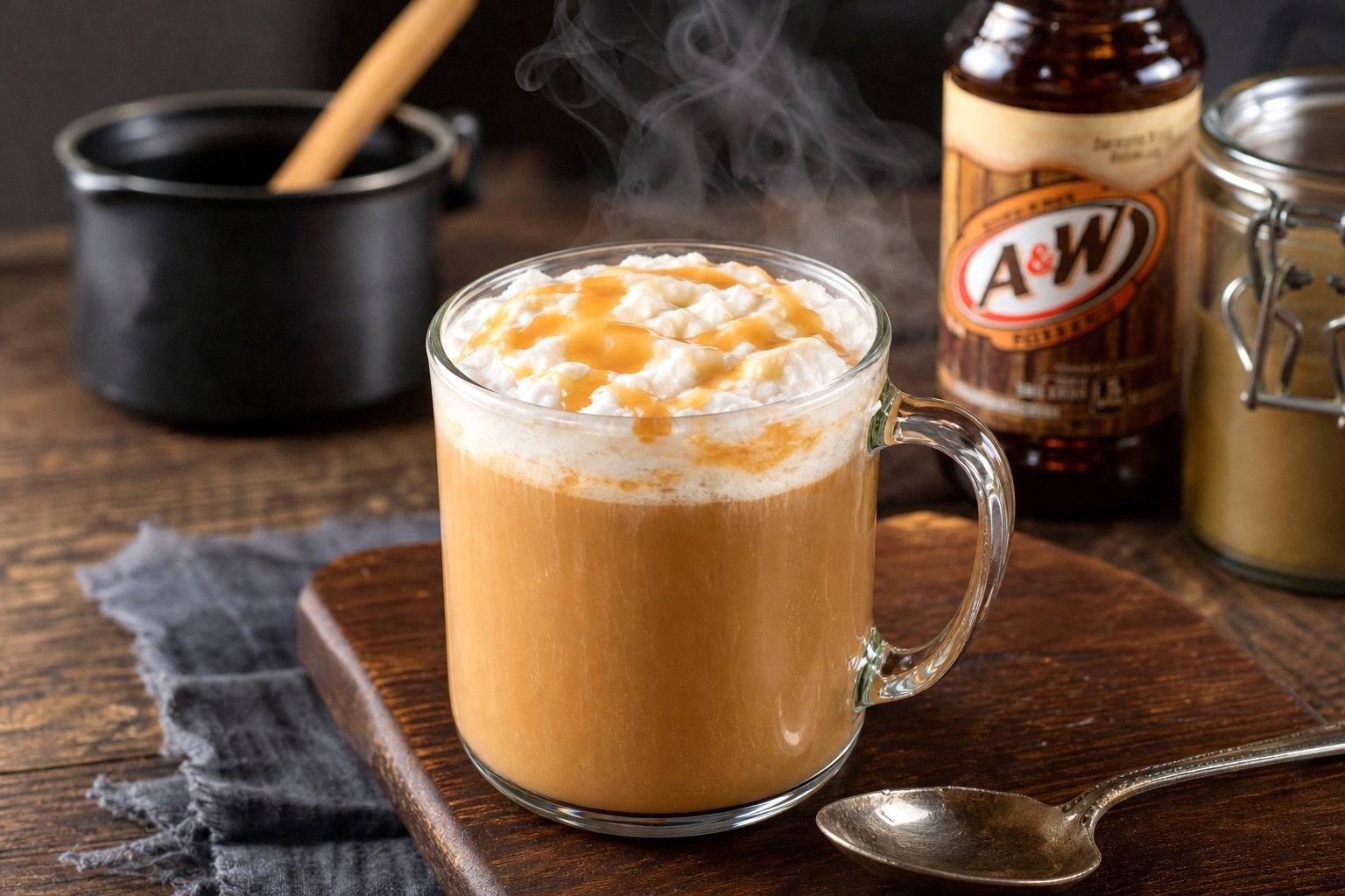 butterscotch mixture boiling in a saucepan with candy thermometer clipped to the side