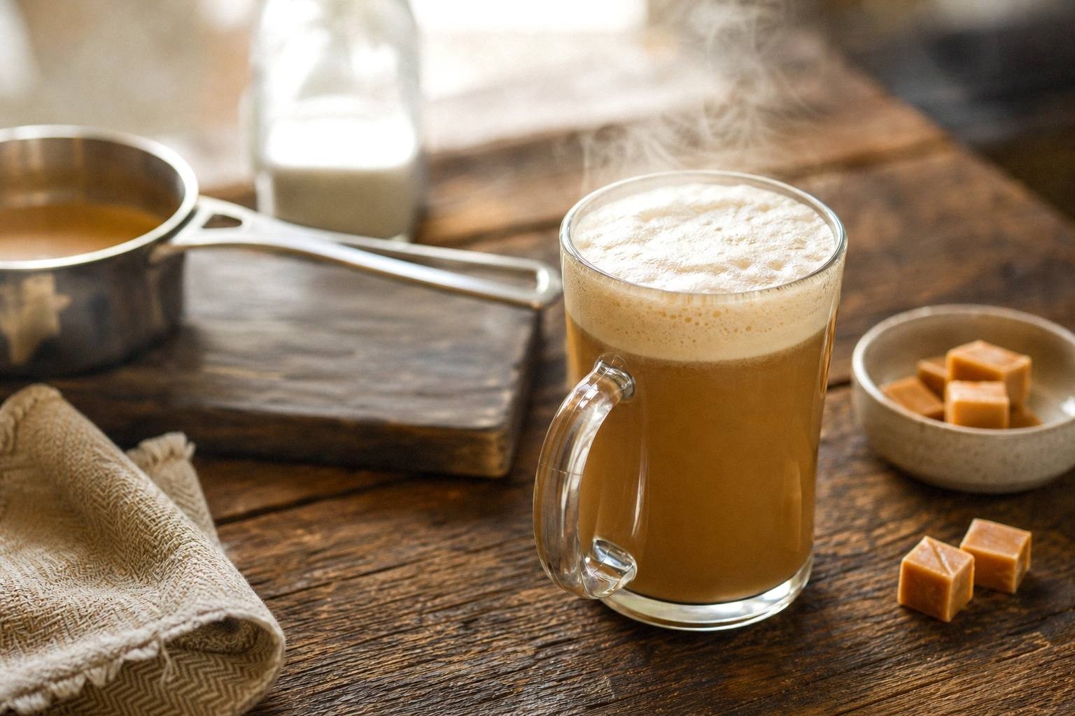 wet pastry brush wiping down the inside of a saucepan while butterscotch boils