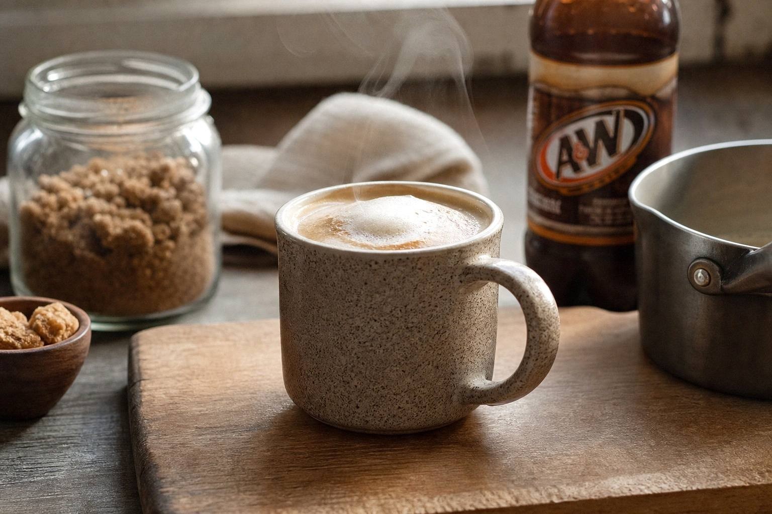jar of homemade butterscotch sauce next to mugs of hot butterbeer with marshmallow topping
