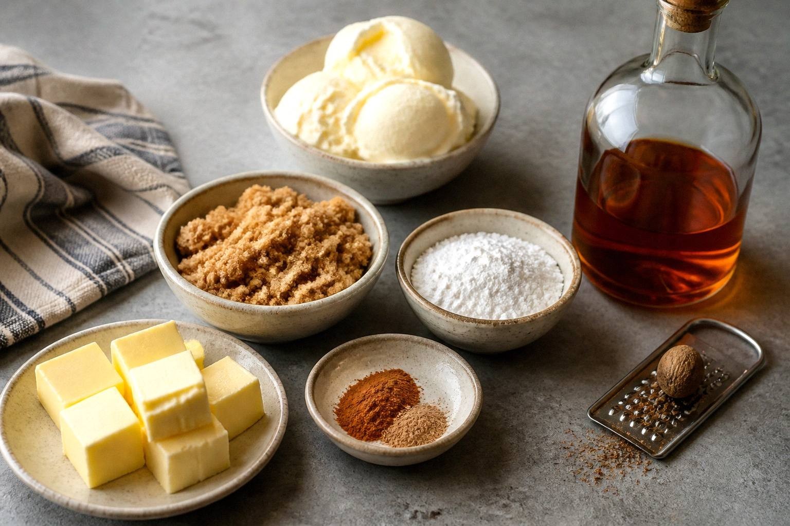 unmixed ingredients for hot buttered rum batter including butter, brown sugar, confectioners' sugar, ice cream, cinnamon, and nutmeg