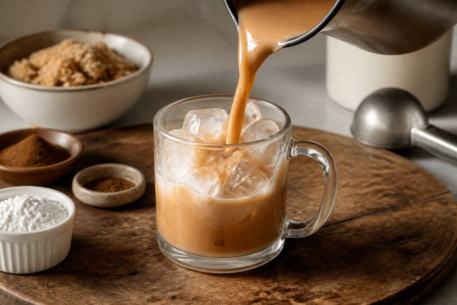 boiling water being poured into a mug with butter rum batter and dark rum