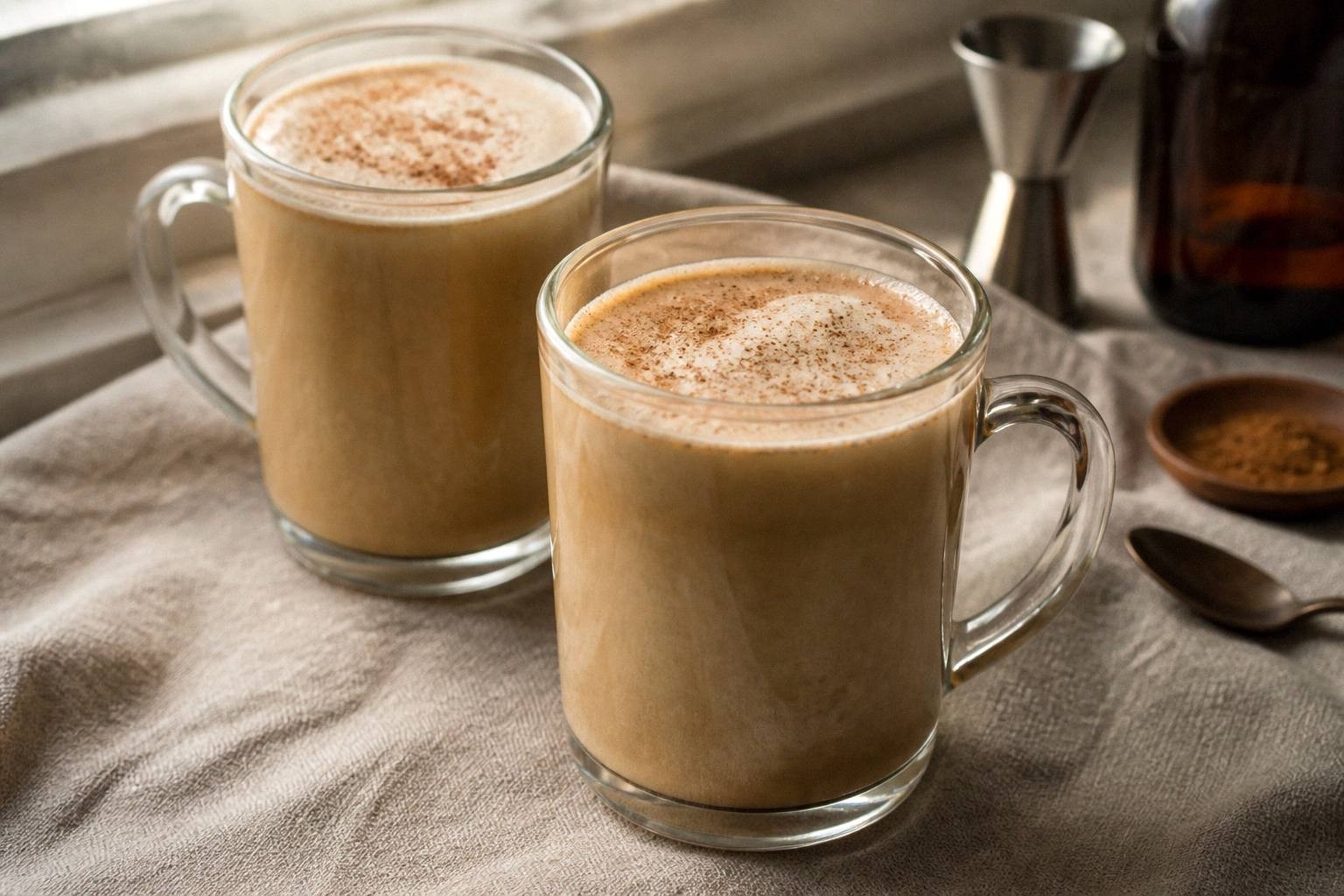 two mugs of hot buttered rum with caramel-colored liquid and nutmeg garnish on a table