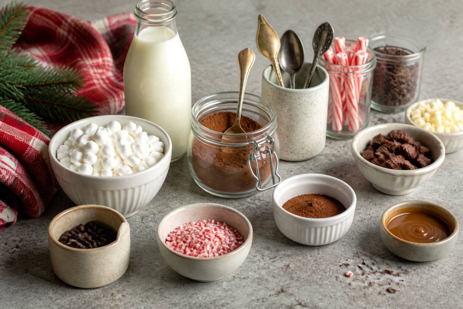 measured ingredients for hot chocolate bar including cocoa powder, chocolate, milk, and cream in separate containers
