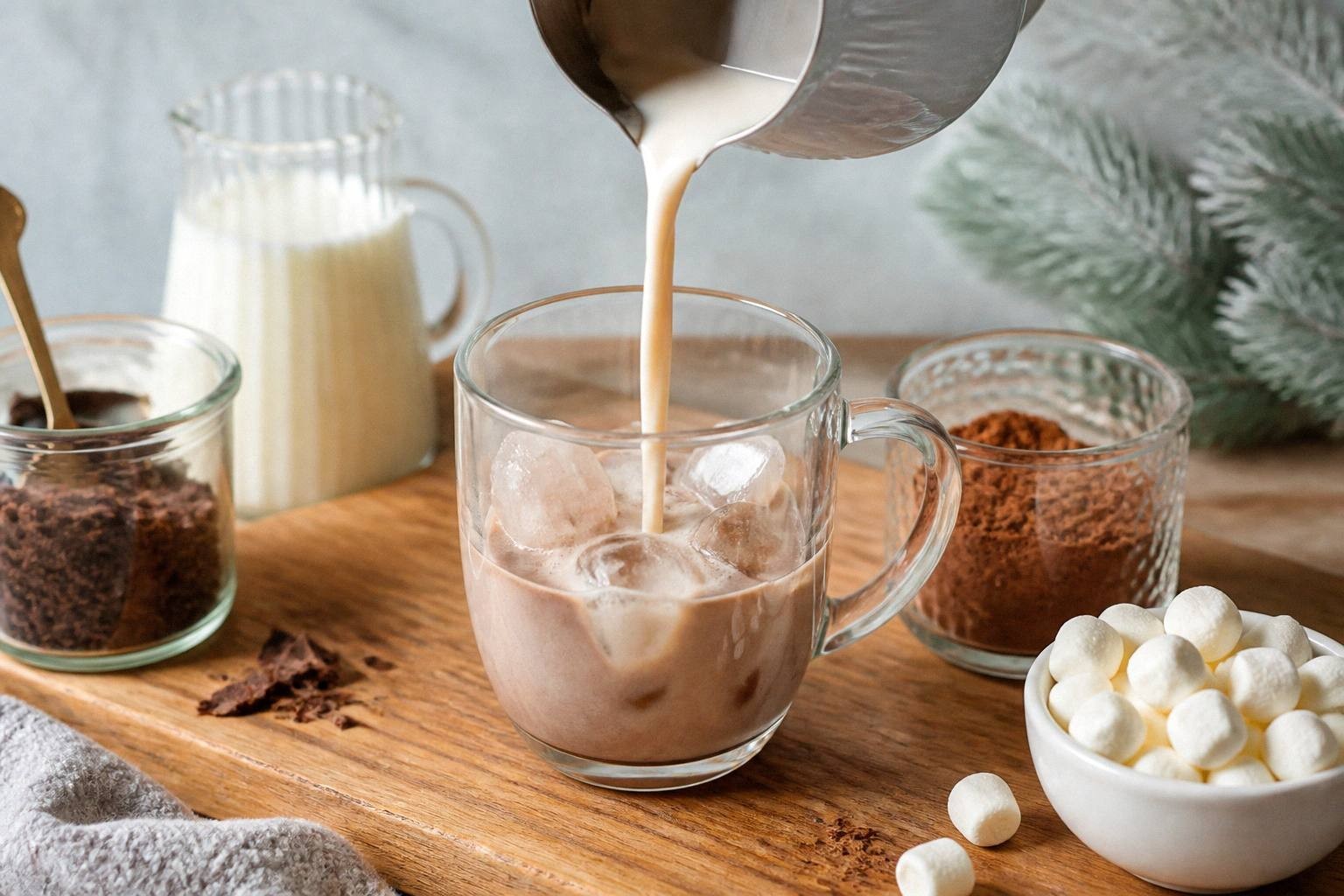 hot chocolate being poured into mug showing cream-colored liquid in motion