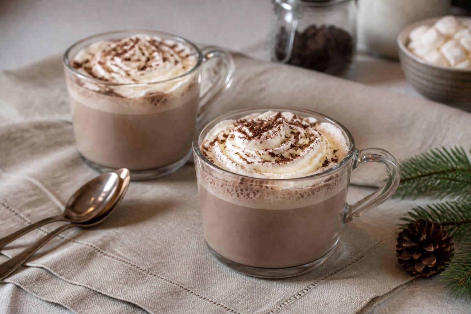 two finished mugs of hot chocolate with toppings styled on table with holiday decor