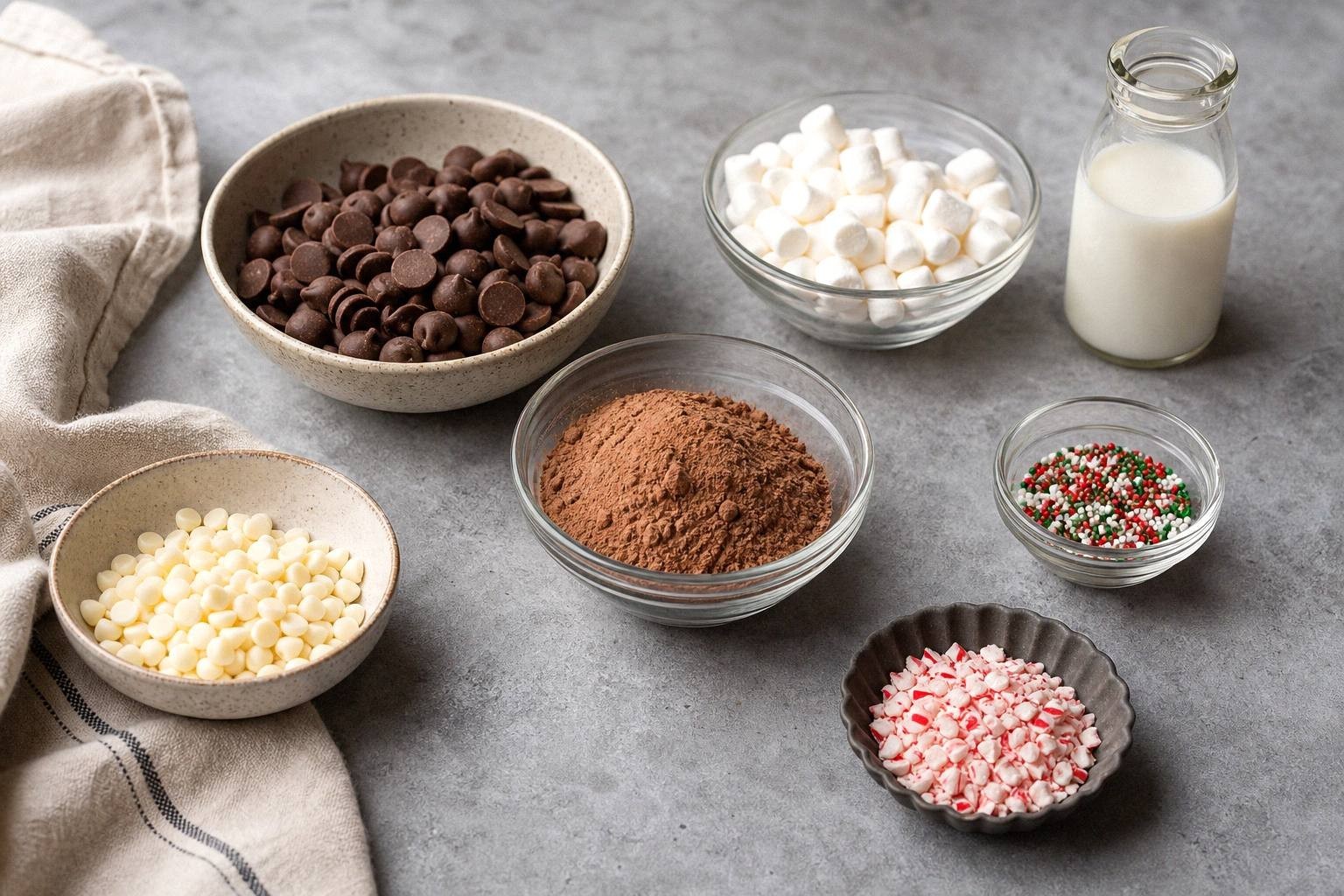 ingredients for chocolate bombs laid out: milk chocolate chips, hot chocolate mix, mini marshmallows, white chocolate chips, sprinkles