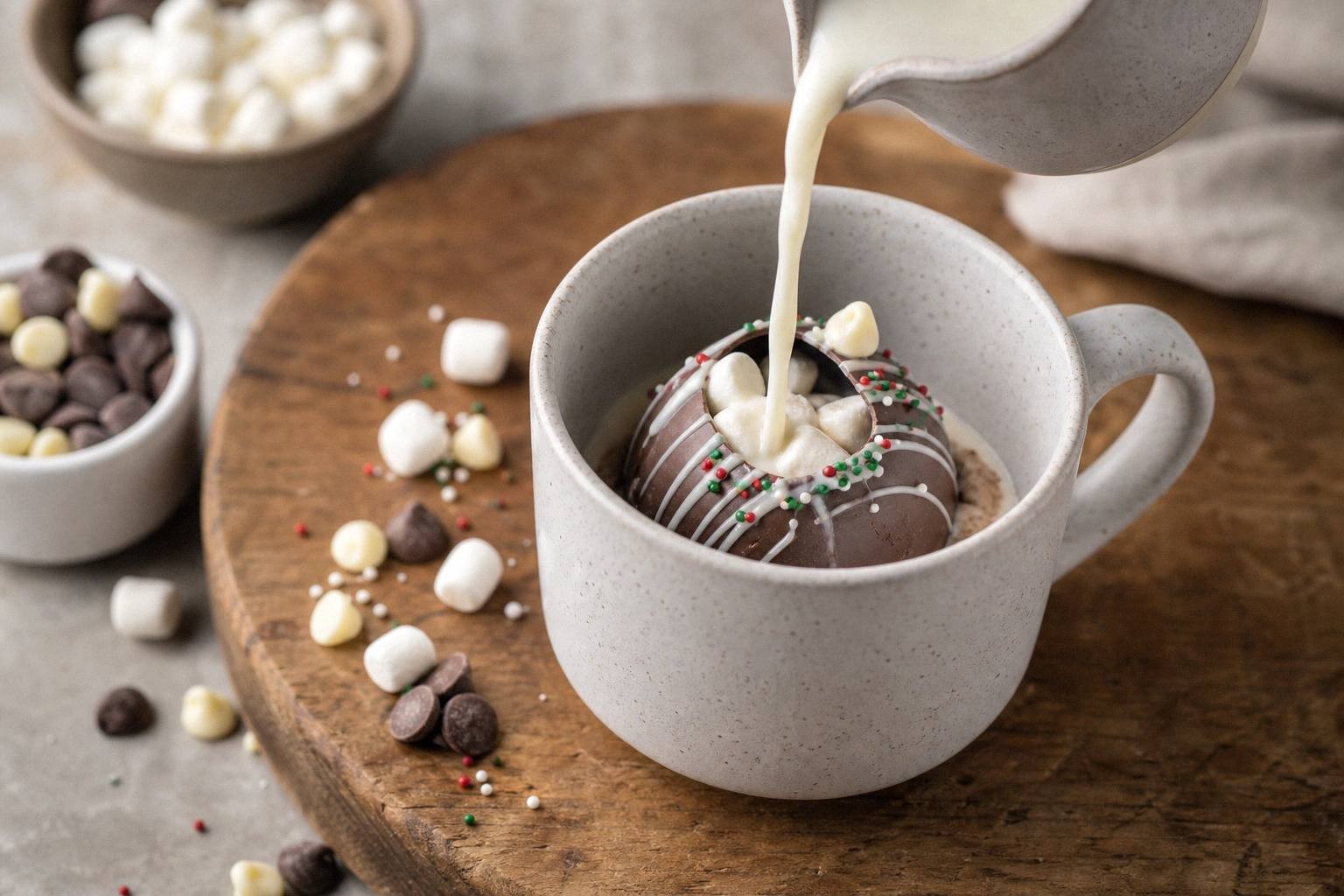 hot milk being poured over chocolate bomb in mug, shell beginning to melt and release marshmallows