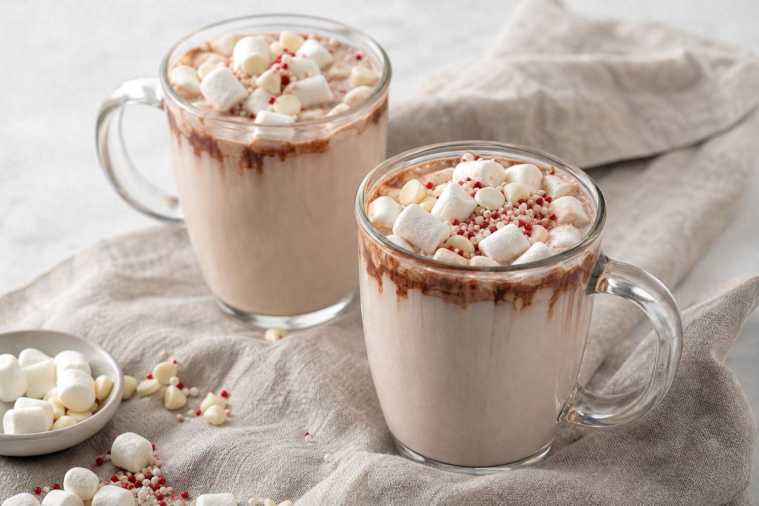 two mugs of finished hot chocolate with melted bombs, marshmallows on top, styled on table with spoons