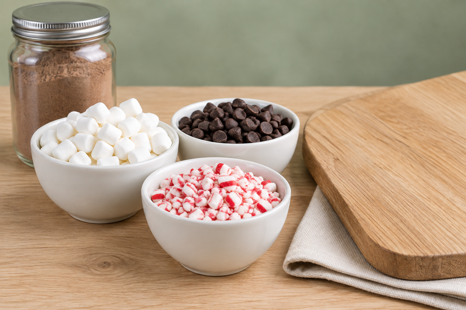 Bowls of mini marshmallows, chocolate chips and crushed peppermint beside a jar of cocoa mix and an empty wooden board