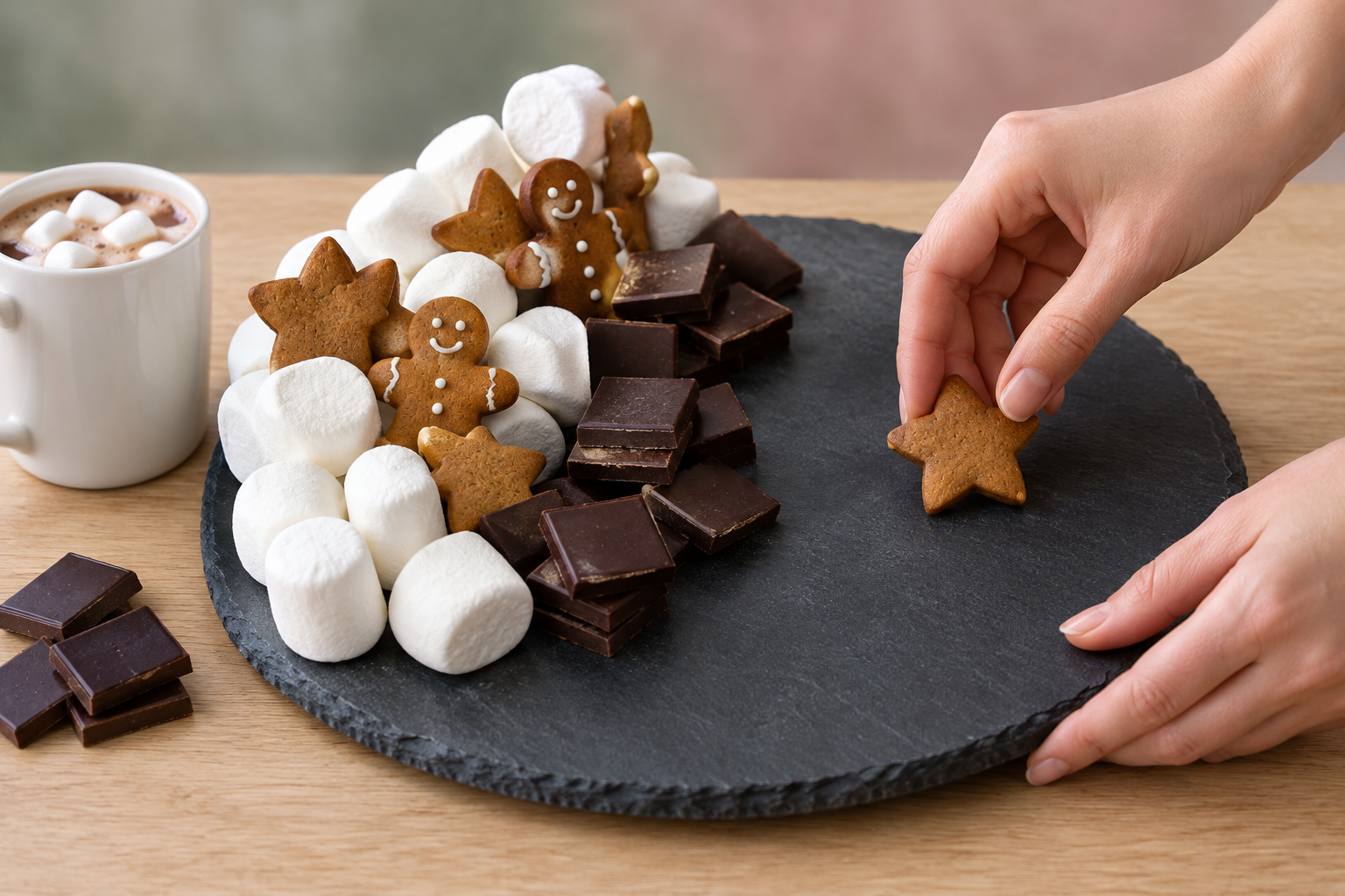 Hands placing a star cookie on a slate board with marshmallows, gingerbread cookies and dark chocolate