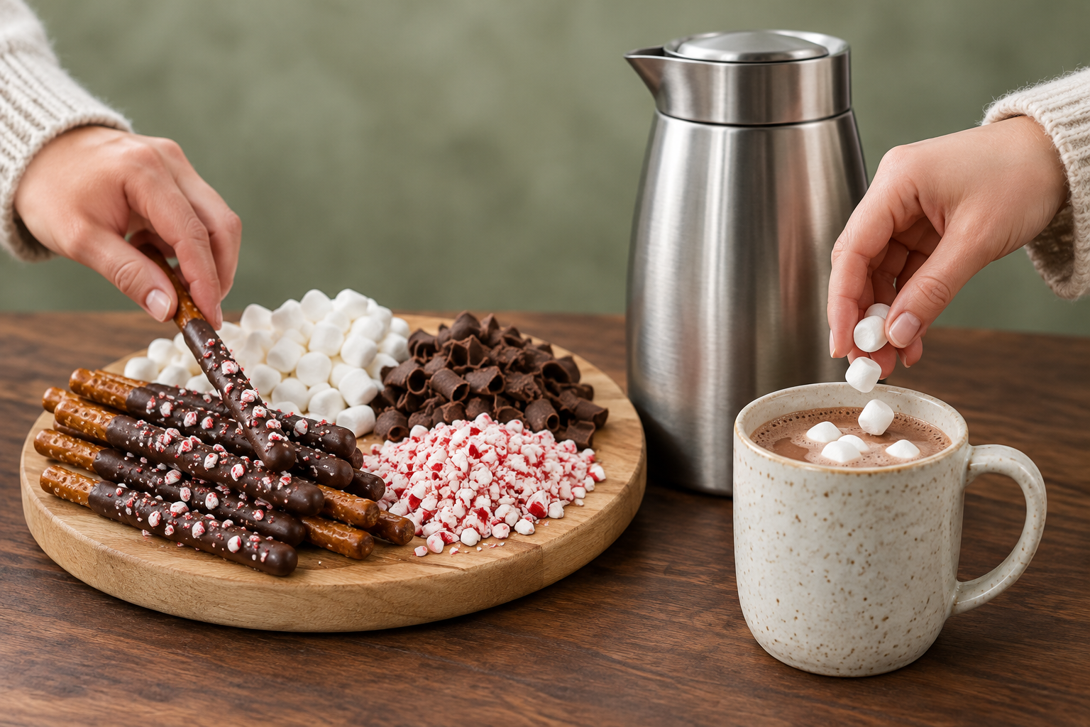Marshmallows dropped into a mug of hot chocolate next to a thermal carafe and a small cocoa board