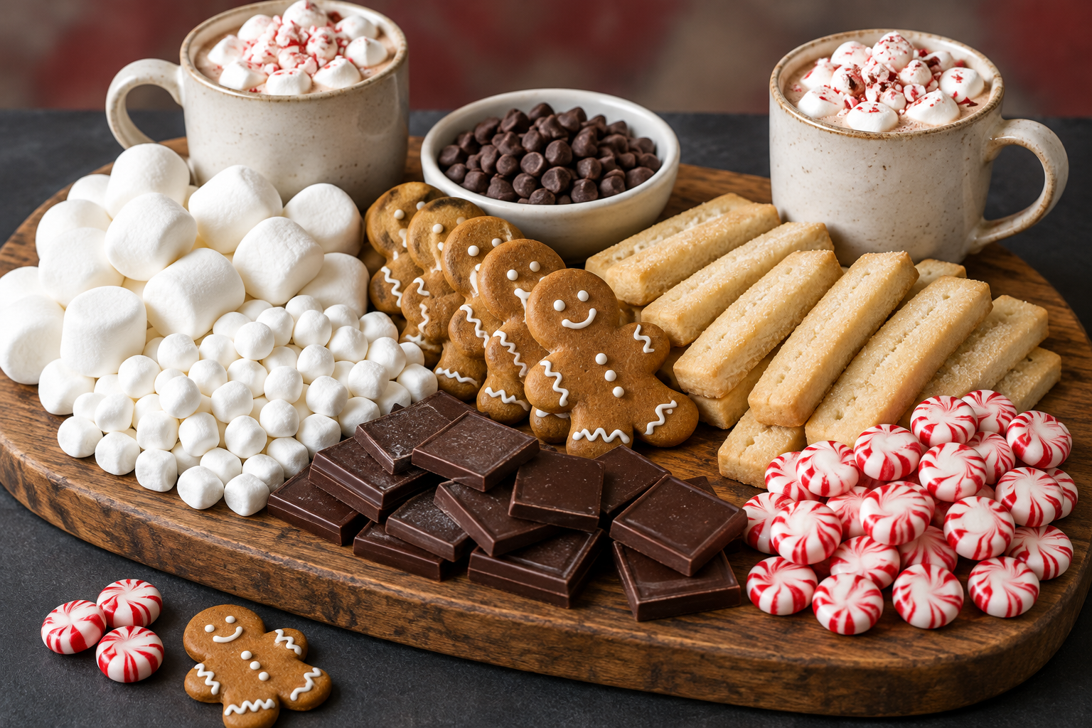 Hot cocoa charcuterie board with marshmallows, gingerbread cookies, shortbread, dark chocolate squares, chocolate chips and peppermint candies, with two mugs of hot chocolate