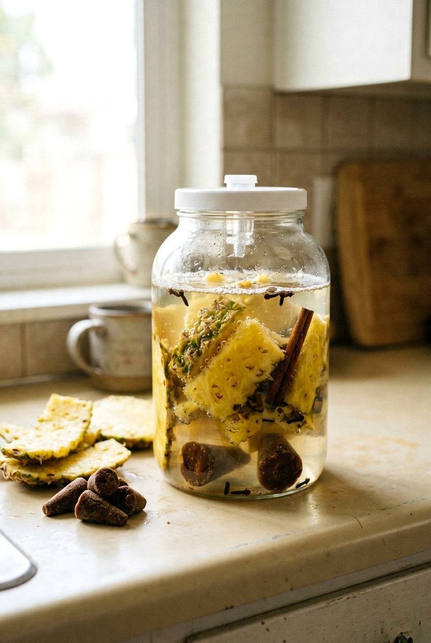 Glass jar of pineapple tepache beginning to bubble on a bright kitchen counter
