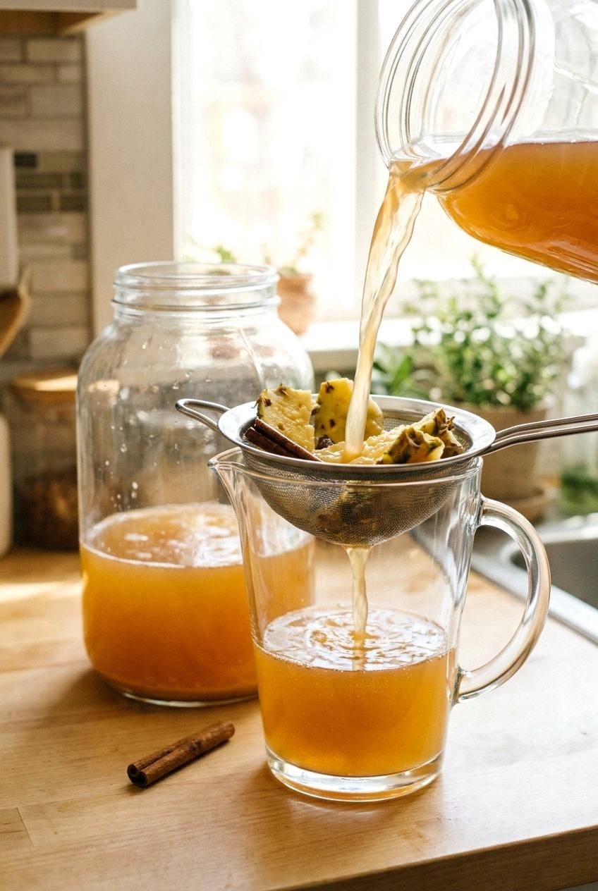 Strained golden tepache being poured into pressure-safe bottles on a bright counter