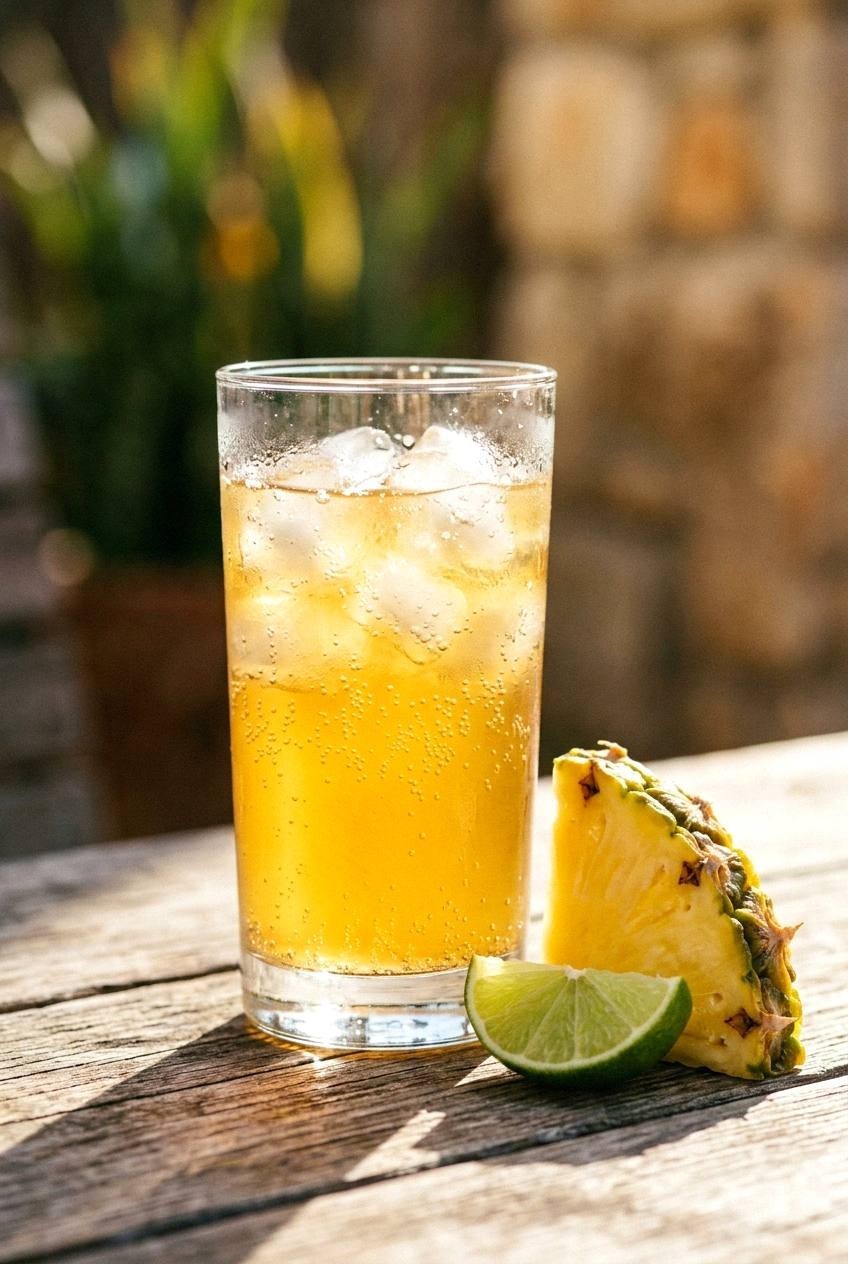 Finished glass of golden tepache with bubbles beside pineapple rind and lime on a sunny table