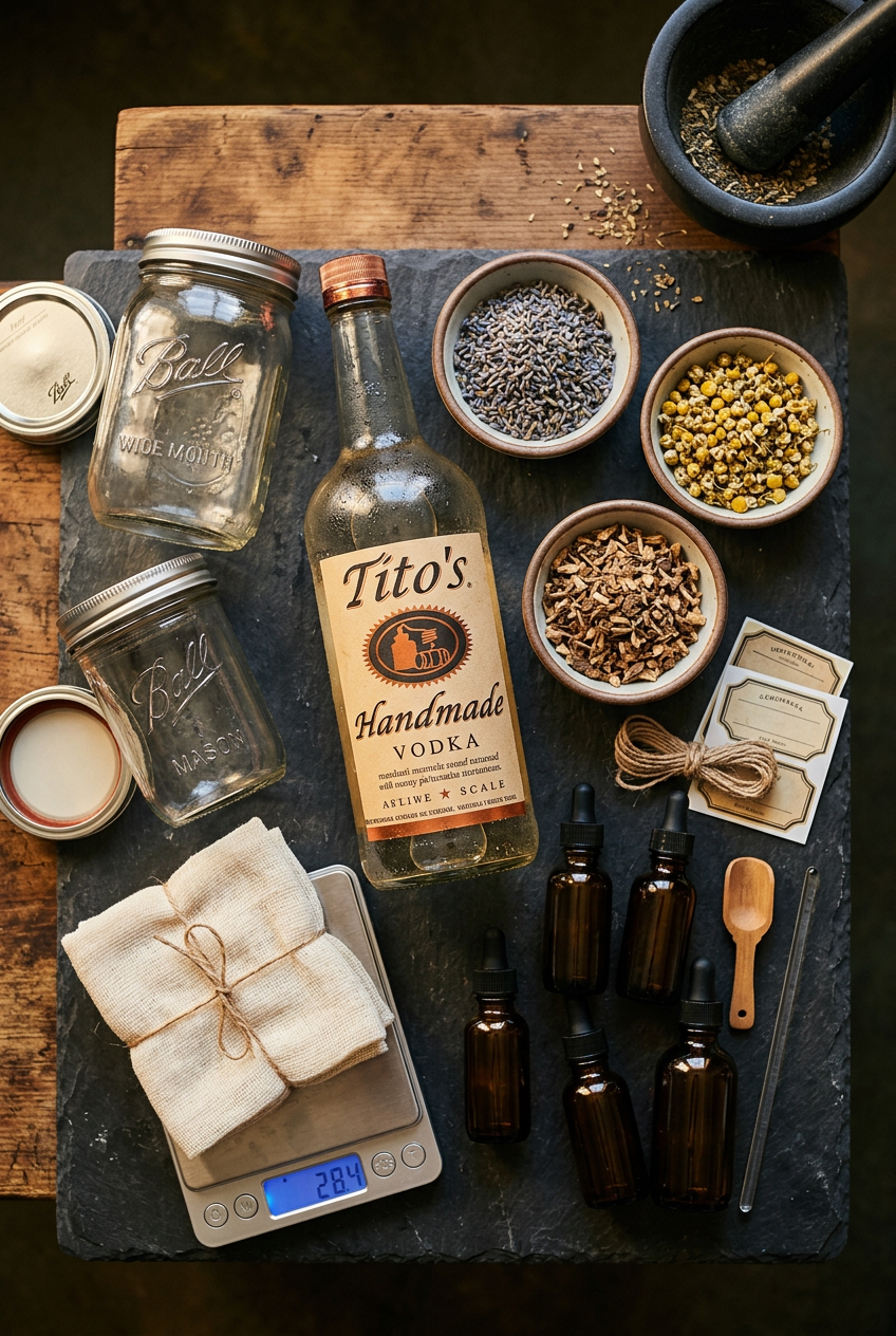 Glass jars filled with dried herbs and alcohol sitting on a wooden table with fresh plant material nearby