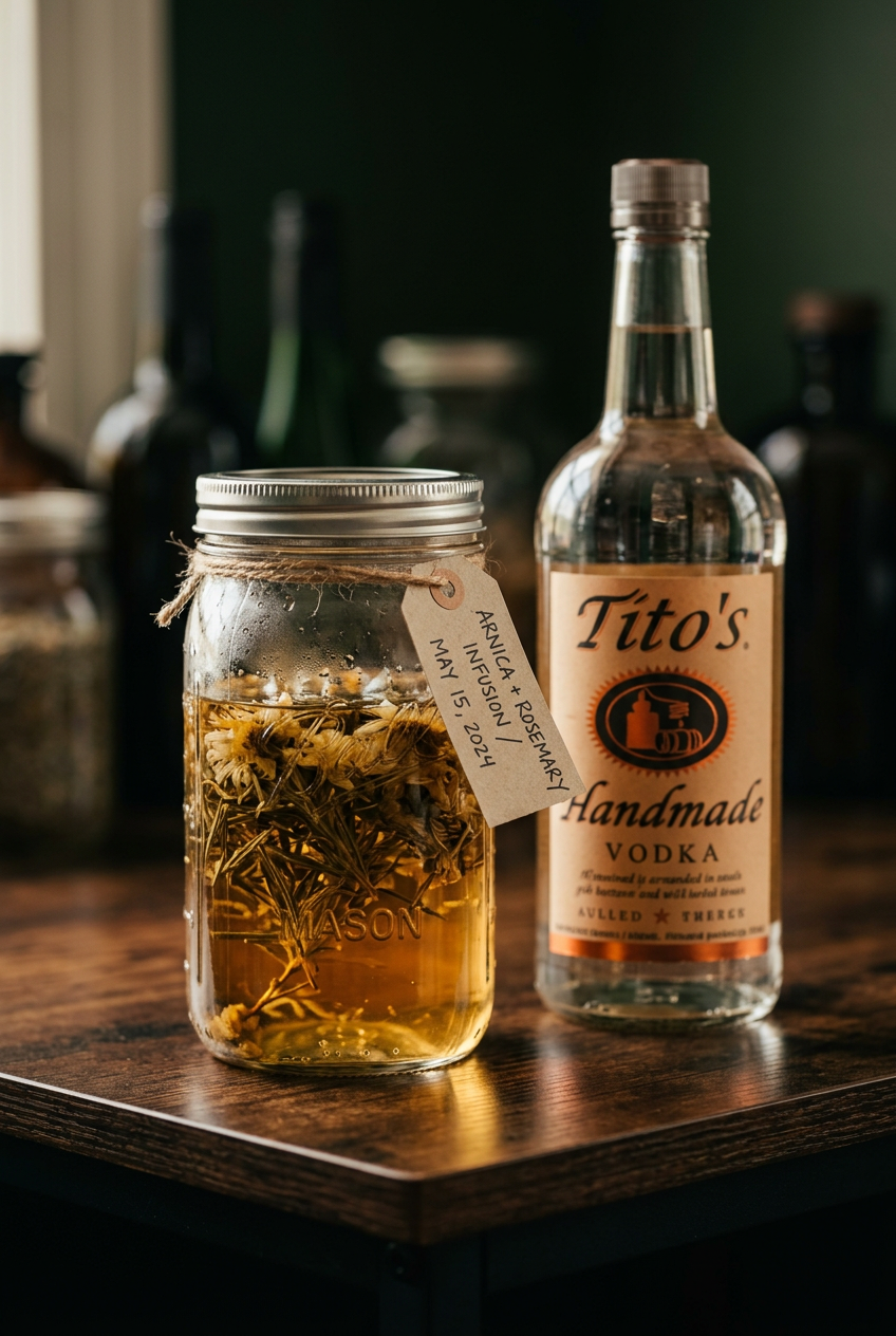 Hands straining dark herbal liquid through cheesecloth into a clean glass jar