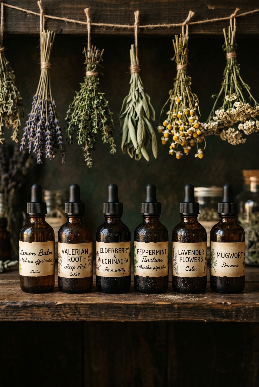 Small amber dropper bottles filled with finished tinctures arranged with fresh herbs on a rustic surface