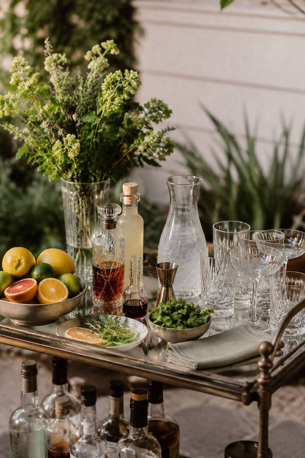 vintage bar cart styled for mocktails and cocktails with glasses pitcher citrus herbs syrup bottles napkins and mixers