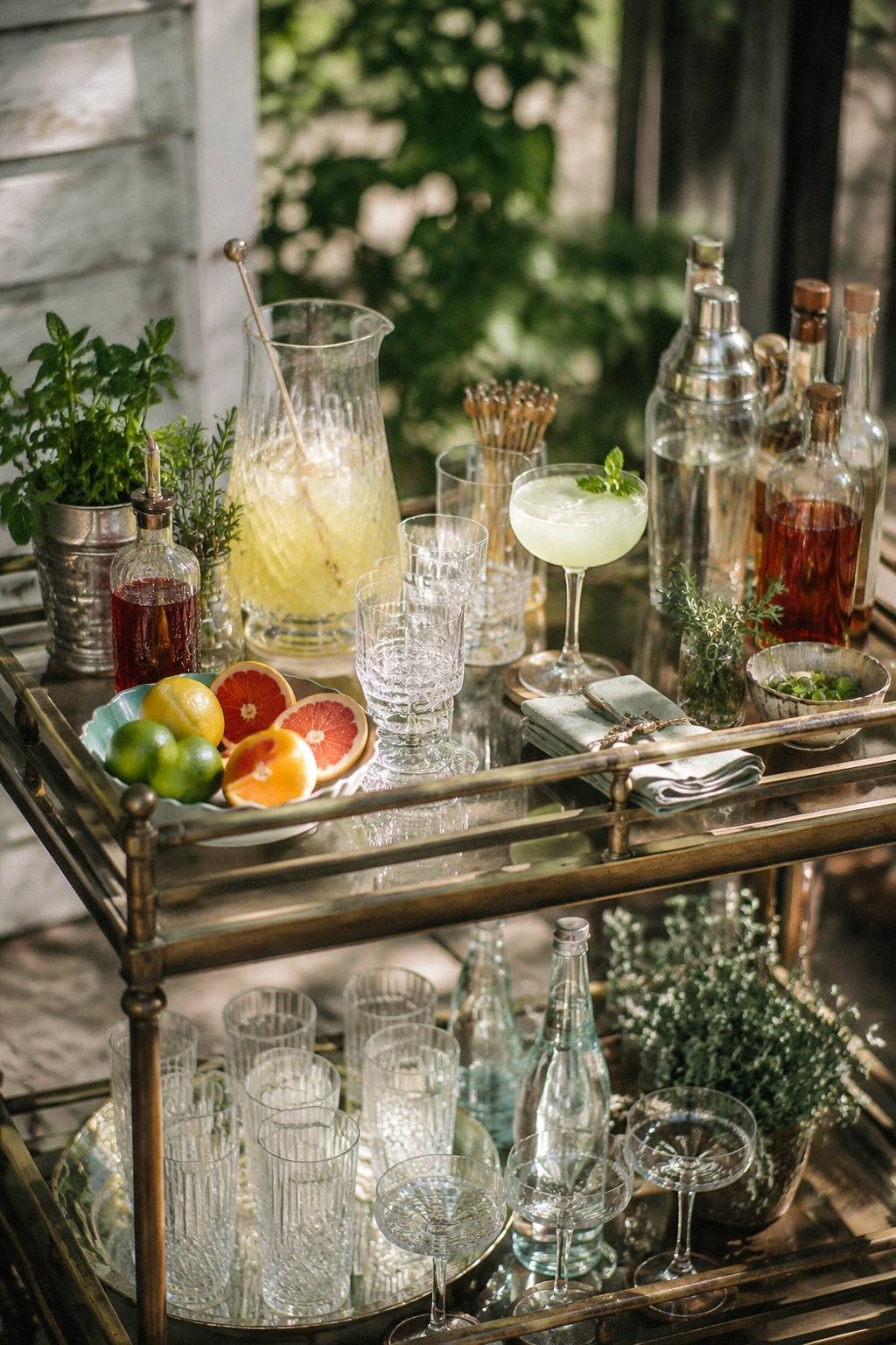 bar cart close up with mint basil rosemary citrus bowl syrup bottle and pitcher base for botanical mocktails and cocktails