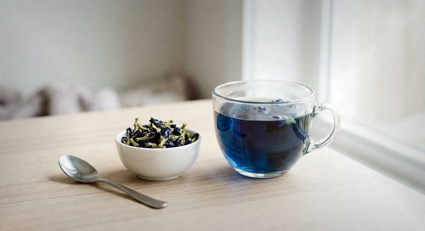 Dried butterfly pea flowers steeping in boiling water in a glass cup, the water turning deep indigo blue, with a small bowl of dried flowers on a light surface