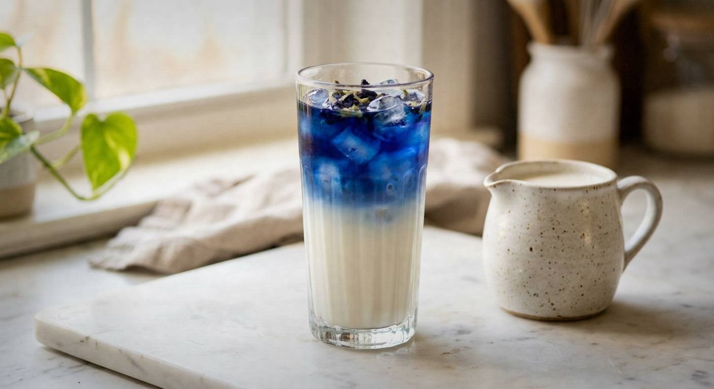 Iced butterfly pea flower latte in a tall clear glass showing blue tea layered over white oat milk with ice cubes, creating a blue-to-white ombre effect