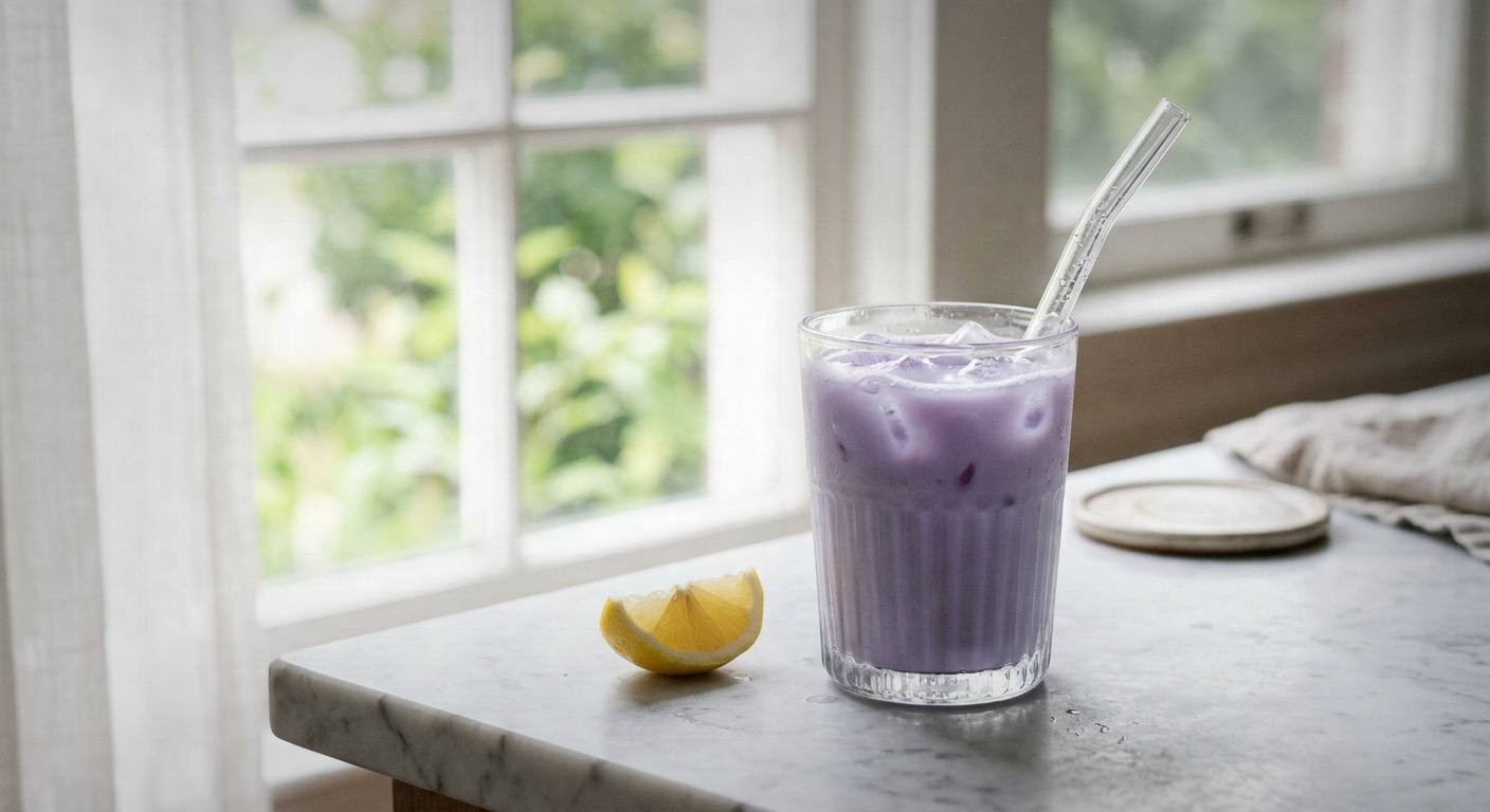 Iced butterfly pea flower latte after being stirred, showing a pale shimmering lavender color throughout the glass, lemon wedge on the rim, bright natural light