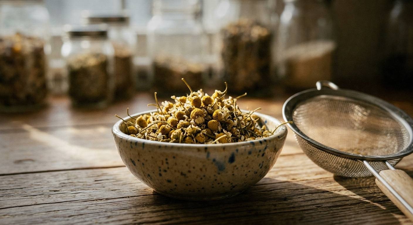 Tall glass of iced chamomile honey latte with layered golden chamomile tea and white oat milk over ice on a light marble surface